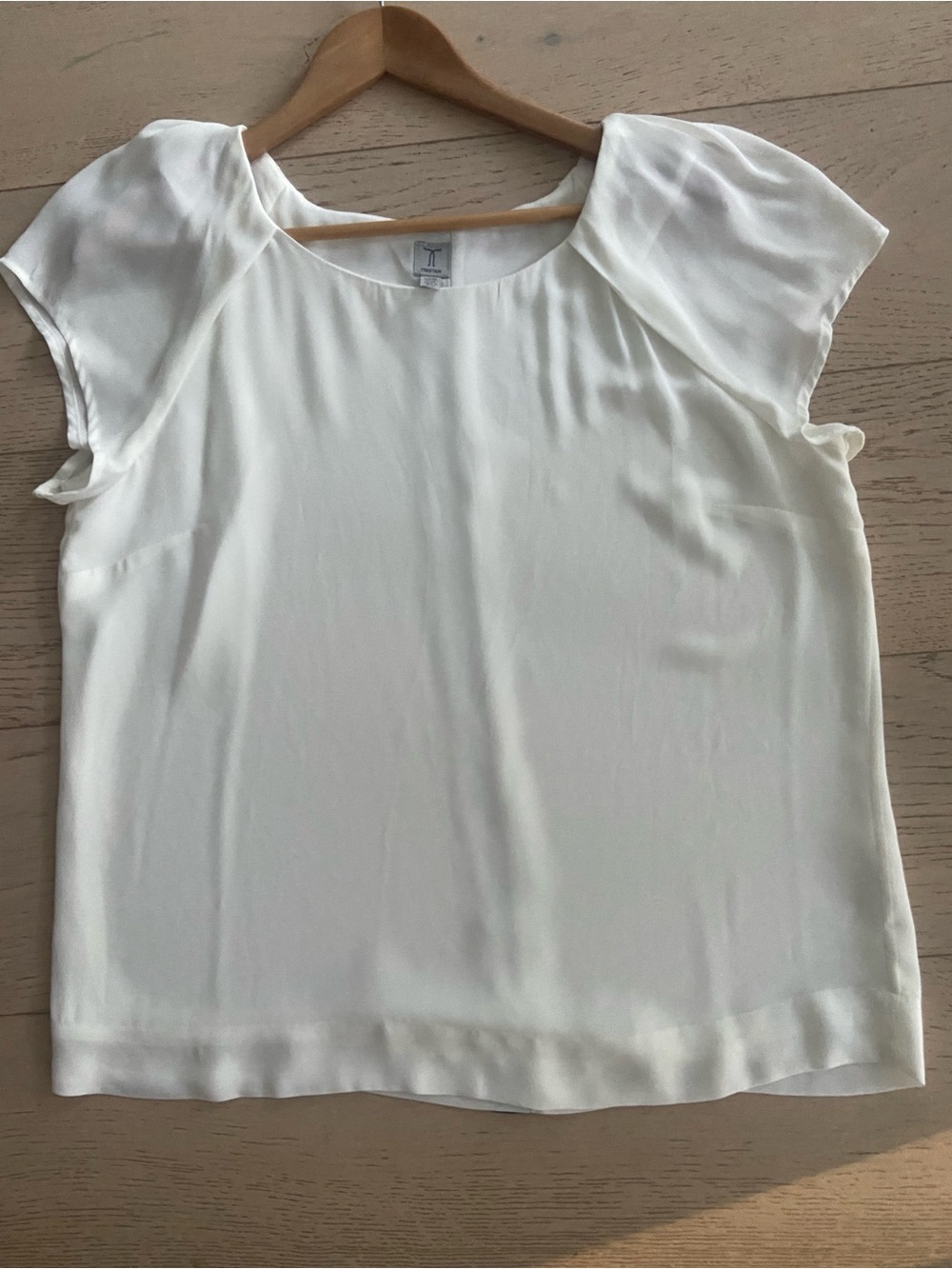 TRISTAN Ivory Cap Sleeve Chiffon Blouse Large Back Vertical Black Stripe EUC - Picture 8 of 8